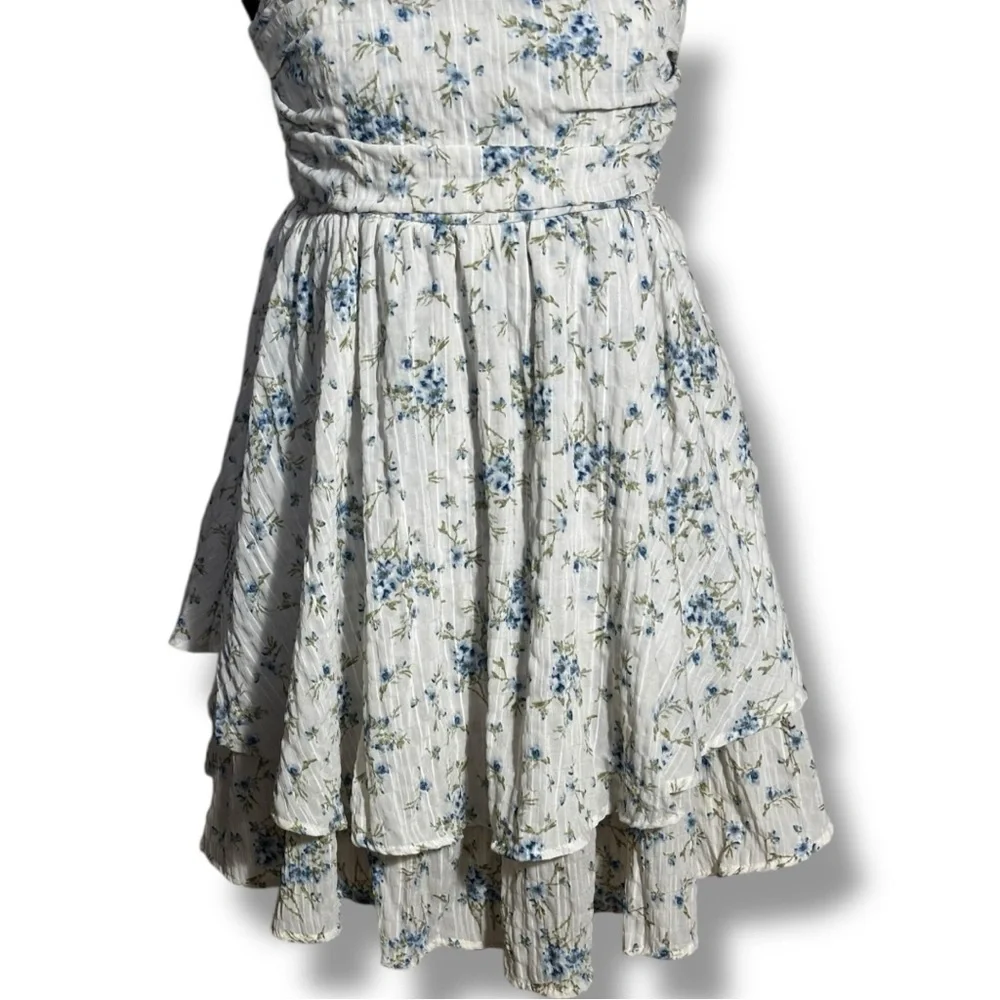 Unbranded White and Blue Floral Layered Tie Straps Empire Waist Babydoll Dress